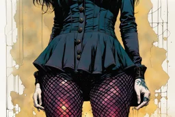 Create and fine print full body illustration of a Goth Girl with finely lined and detailed facial features in a ragged gothic dress, fishnet stockings ,battered combat boots, , in the graphic novel style of Bill Sienkiewicz, and Jean Giraud Moebius, precisely drawn, colored and inked