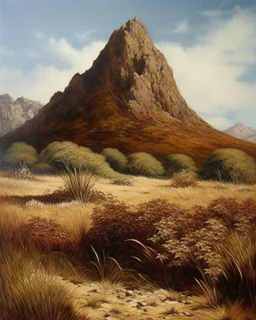 A brown mountain with dry plants painted by Henry-Robert Brésil