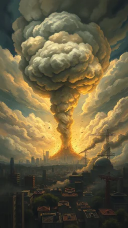 Hiroshima nuke disaster . City is completely destroyed in sad theme clouds and sturdy weather in Bsosh nightmares style painting