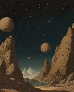 A brown outer space with giant asteroids painted by Katsushika Hokusai