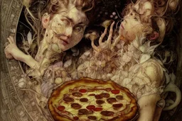 Italian men and women sitting around a pineapple pizza, watching in horror beautiful intricate, soft delicate watercolor, dramatic, perfect composition, by Arthur Rackham Modifiers: highly detailed intricate very attractive beautiful fantastic view watercolor Arthur Rackham Jean-Baptiste Monge Egon Schiele muted tones professional Enki Bilal patchwork watercolor and ink Xuan Loc Xuan