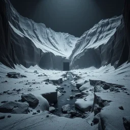 Photograph, a dark mass of terrain, giant museum space, powder, brook, dramatic colors, geological formation, architecture, minimalist, details of the terrain very accentuated, 8k, deep 3d field, sharp, brutalist, hasselblad h6d400c --ar 85:128 --v 6.0
