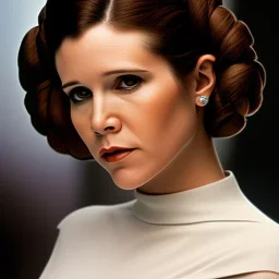 half-length color photography, three-quarter face pose of carrie fisher as Princess Leia with realistic fine and very simple short hair, entrancing deep brown eyes, Intricate, High Detail, Sharp focus, realism, beautiful and detailed lighting, Nikon D850, ef 85mm 5.6 by Annie Leibovitz