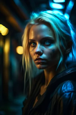 hyper real oil painting of blonde cyberpunk Malkavian vampire portrait with clear blue-green eyes in spotlight feeling in control in goth ruins, zeiss prime lens, bokeh like f/0.8, tilt-shift lens 8k, high detail, smooth render, down-light, unreal engine, prize winning