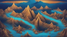 A surreal digital illustration of surreal mountains with glowing blue slopes and dream-like elements, creating a sense of wonder and mystery., The mountains with blue slopes laugh and below in the water the fish cry and all the water is their tears