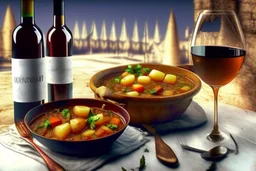 a good garlic Brasov stew with potatoes and a glass of chilled wine