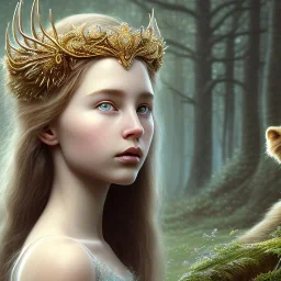 Young beautiful girl with majestic, stunning lion on nature forest path, floral crown on girl, Chronicles of Narnia, 8k resolution, high-quality, fine-detail, iridescent, intricate, digital art, detailed matte, volumetric lighting, beautiful, illustration, 3D octane render, brian froud, howard lyon, selina french, anna dittmann, annie stokes, lisa parker, greg rutowski,