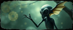 3d airbrush render, magpie elf vampire alien dodo , pinhole cam, airbrush 3d rendering, in the style of Titian and Dali , torn edges on border