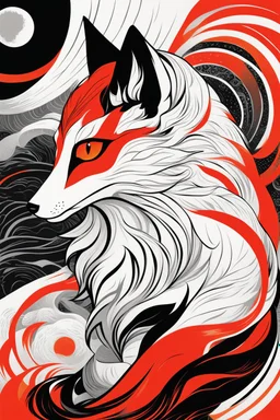 Ilustración Neofuturista de Kitsune colores contrastantes, rojo, naranjado, negro y blanco