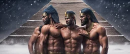 Hyper realistic shirtless muscular male Egyptian pharaohs hugging & a pyramid behind at snowfall night