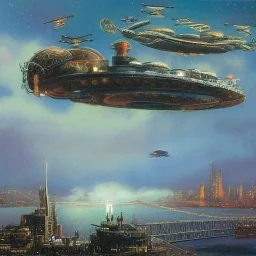 Steampunk scene of futuristic New York,galaxian fantasy airships flying over San Francisco Bridge in a cloudy sky,Giant sci-fi super-panzer in the style of John Berkey