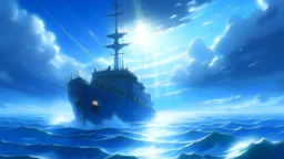 ship sailing at sea, dynamic blue sky, storm sky, with blue light piercing through clouds, makoto shinkai,, lighting refraction, volumetric lighting, pixiv art, highly detailed, anime art, greg rutkowski, symmetrical, artgerm, wlop, anime art