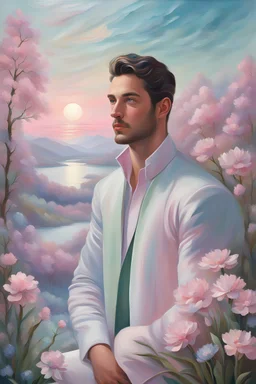 A image resembling a textured oil painting, of a handsome man, portraying a tranquil landscape with a three-dimensional effect achieved through raised oil paint textures on certain elements.The image features a soft, dreamlike pastel color palette with hues of pink, blue, and lavender. In the detailed foreground, floral elements in shades of pink, white, and green exhibit a pronounced raised texture, adding a tactile, 3D appearance.