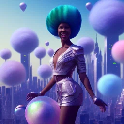 Ultra realistic photo. volumetric lighting , scientist. Young black woman, young, big smile. Joy. smiling. Afro futurism. Afro puffs. Blue hair. Ombré hair Cotton candy. Futuristic cities in background. Space. Space travel. Silver. Cities