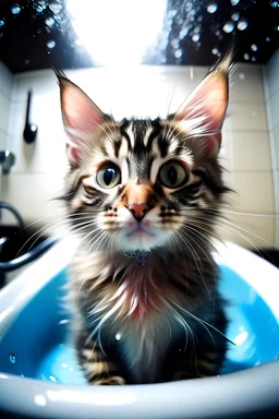 cute kitten photography, shower time, Maine coon breed cat, bath tub full of bubbles, bubble on its head, face to camera, fisheye camera, tongue out, baby cat, bathtub