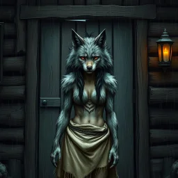 fantasy digital art of young female anthro wolf in gray hairy wolf body and wears just a short canvas rag around her waist , sadly crying face stands in the rain front the door, behind her an tall anthro dark hairy wolf man standing behind in rustic halb open door in an massive wooden house, deep colors, rainy day, detailed, anthropomorphic creatures, fantasy, sci-fi mood