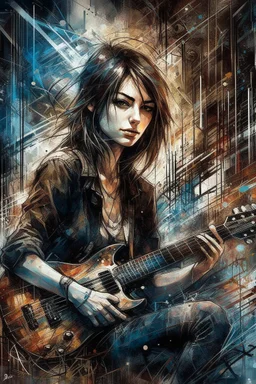A ultra realistic poster of a beautiful girl playing rock guitar , having word sign as “street art ”, by Daniel Castan Carne Griffiths Andreas Lie Russ Mills Leonid Afremov, black background, fine lines draw, smile, standing in the temple