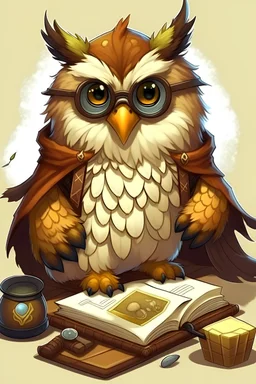 Dungeons and Dragons Owlin, cute and fluffy, glasses, robes, brown feathers