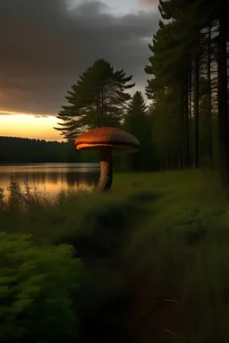 forest trail, very tall large round mushroom, dusk beside a lake