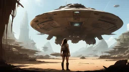 Concept art. Medium shot. skinny 50-year-old woman in brown shorts, shirt, and boots, standing next to a USS Defiant cargo spaceship, sitting in a deserted, derelict alien jungle town. Best quality.
