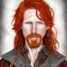 Portrait of Courtney Gains as a ruggedly handsome but joyful roguish pirate, charismatic, attractive male, masculine, perfect, precisely detailed, lightly freckled face, meticulously detailed multi-hued ginger carrot colored cherry fire red hair; Malachai of the corn; fantasy, intricate, elegant, highly detailed, digital painting, artstation, concept art, matte, sharp focus, illustration, art by artgerm and greg rutkowski and alphonse mucha