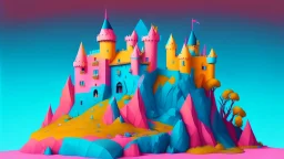 Pink, orange, yellow, dark blue and aqua blue castle on a hill, detailed