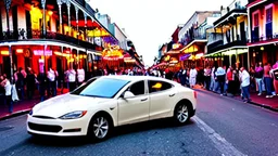 A Tesla's 'Model S Plaid' is racing at top speed, on Bourbon Street, in New Orleans. CINEMATIC. WIDE ANGLE LENS.