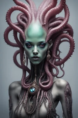 gorgeous female humanoid alien model, tentacles, orichalcum jewelry and piercings