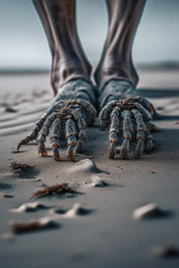 A toes looks dirty on the grey Sands and dirt on a big spider crawling on the toes