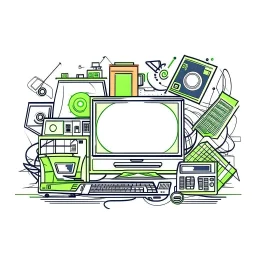 "Declutter & Upgrade. Save Money on Used Electronics." web lik facebook design graphic, vector, contour, white background