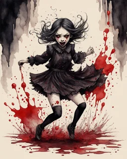 Petit girl goth, run pose, fullbody, splashes blood, behind guts rising from the ground, watercolor illustration by <John Kenn Mortensen>, darkred tones,