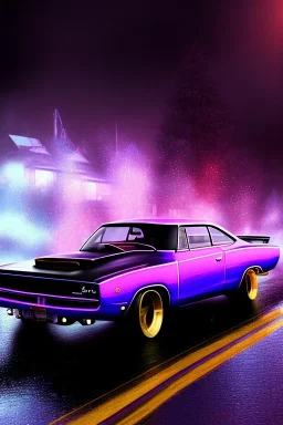 dodge super bee full body on wet road at night, hyper realistic, purple flames