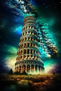 Pisa tower in Roma City buildings at night in Abstract Fluid, Galaxy nebula