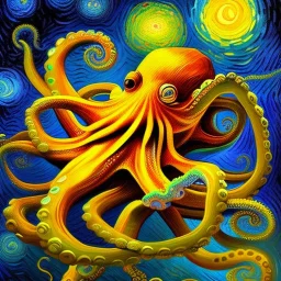 Dibujo al oleo de un hombre pulpo pintado con muchas nubes de colores estilo Vincent van Gogh