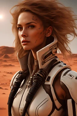 science fiction scene like fantasy on mars 40 years old skinny woman long hair ultrarealistic wet skin raining, tattos photorealistic, wind is blowing, tanned skin collarbones, skinny, space ship behind, all looks like poster from 2020, women looks like model, wearing over-knee-sockets