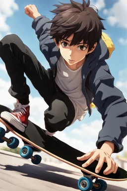 8k quality realistic image of an attractive anime boy doing a skateboard trick, action, up close