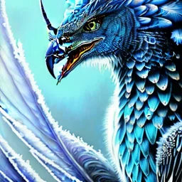 icy blue,mythical beautiful mammalian creature ,feathers , majestic, ominous, ice, scales,frost on skin, dnd character portrait, intricate, oil on canvas, masterpiece, expert, insanely detailed, 4k resolution, retroanime style, cute big circular reflective eyes, cinematic smooth, intricate detail , soft smooth lighting, soft pastel colors, painted Rena