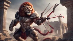 A muscular anthropomorphic lion with red eyes, wielding a bow, wearing armor, standing in a battle-ready pose with ancient ruins in the background