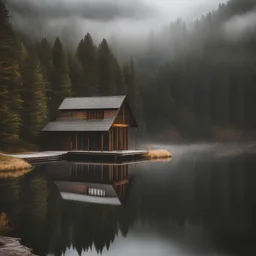 lakes overlooking a cabin in a pine woods misty