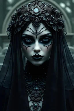Create me headshot from Arcane as a gothic girl majestic, highly intricate gigantic, with black makeup and a beautiful black veil with cemetery crypts behind her Realistic photography, incredibly detailed, ultra high resolution, 8k, complex 3d render, cinema 4d.