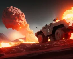 wide angle of Gi joe driving A lunar armored rover with tracks and claw and orange, troops, big Erupting volcano, White headlights on flamethrower