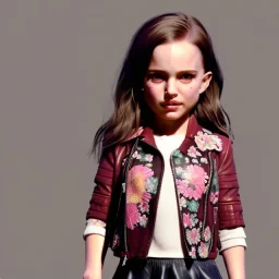 Natalie portman toddler, full body, leather jacket, floral shirt, floral skirt, shoe, soft skin, dramatic lighting, hyper realistic