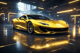 FERRARI YELLOW CHROME design, high quality, 3d render, digital art, 32K ultra hd, hyper realistic, cinematic, high definition, new design, tron style, ultra detailed atmospheric details, beautiful glowing effects, sparkle effects, MULTICOLORS, METAL MATERIAL,