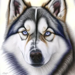 Colored pencil drawing. Portrait, realistic, dog, fur texture, husky