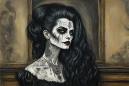 create a 3/4 profile, full body oil pastel of a dark haired, savage, ornately dressed, aged and emaciated gothpunk vampire crone with highly detailed , sharply defined hair and facial features , in a smokey 19th century drawing room in the style of JOHN SINGER SARGENT