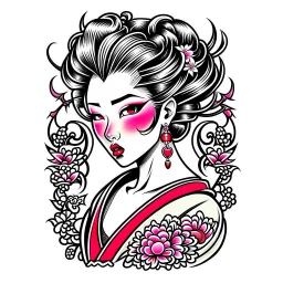 Tatto design Neotraditional style , japanese Geisha, white background, tatto style,