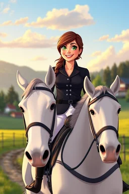 In a cartoon style: Bust shot of 30-year, bit chubby Scandinavian brunette mansion owner lady with green eyes, wearing equestrian attire with tight white pants and black or blue jacket, riding a white horse in Bavarian countryside in sunrise.