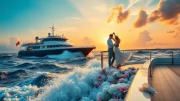 a big ship in oecieon in powerfull waves ,a beautiful sun set and dreamy clouds , young couple dancing on a modern boate deck next to ship and flowers flows from deck to water