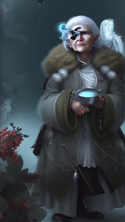 An old woman with white hair and an eye patch