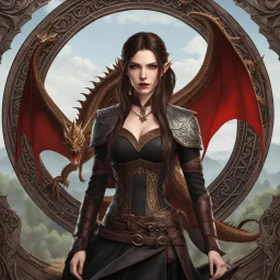 An arrogant looking young woman with pale skin and long brown hair in an outdoor fantasy setting with intricate details with a dragon flying in the far distance of the background. She is smirking, wearing black and read leather, has red eyes, an air of malevolent power surrounds her. gaia online avatar style. High definition.